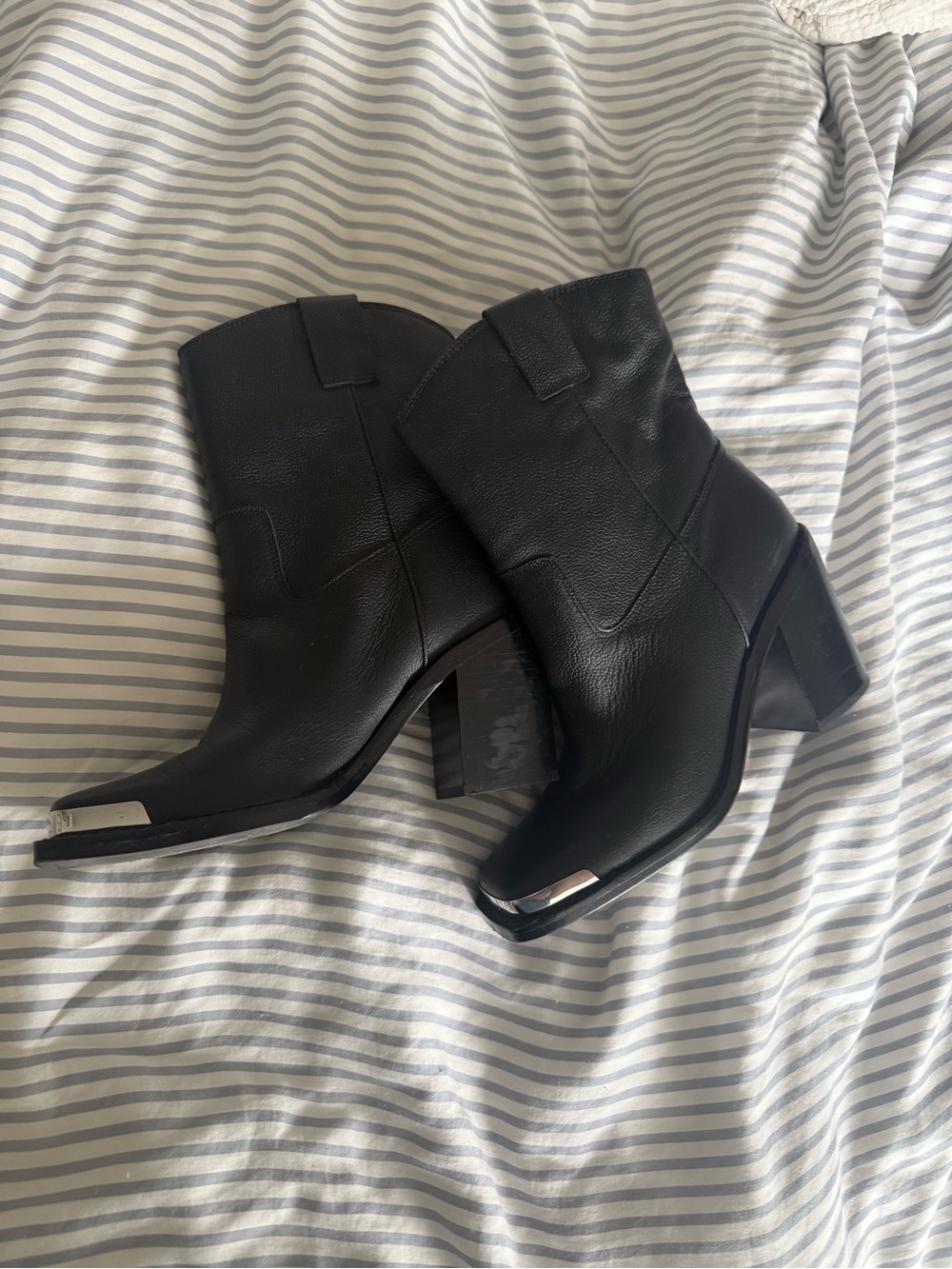 Dolce Vita Black Leather Moto-Style Calf Hight Boots with Metal Toe